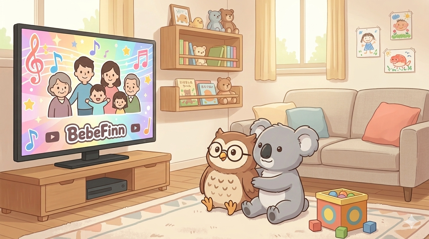 テレビでべべフィンを見ながら表情を真似するフクロウとコアラ